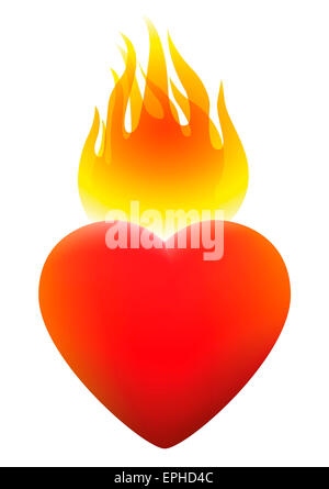 Burning heart on fire. Illustration on white background. Stock Photo