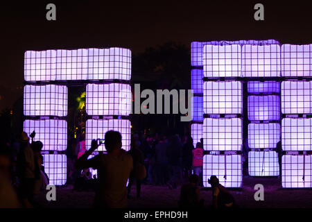 Replica of Stonehenge made of cubes of light at this performance space at the Dance Tent zone at Glastonbury Festival/ 'Glasto'  Stock Photo