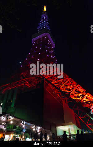 Tokyo Tower illuminated with colorful lights Stock Photo