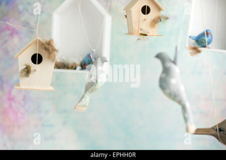 Vintage background with wooden birds Stock Photo