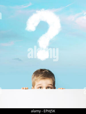 Little man with a question mark above head Stock Photo