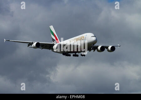 Emirates Airbus A380 landing at Auckland International Airport, Auckland, North Island, New Zealand Stock Photo