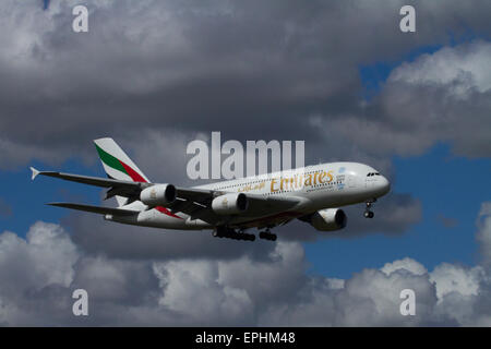 Emirates Airbus A380 landing at Auckland International Airport, Auckland, North Island, New Zealand Stock Photo