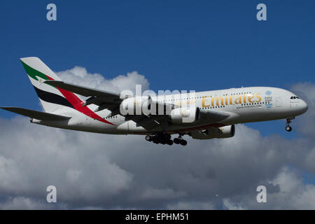 Emirates Airbus A380 landing at Auckland International Airport, Auckland, North Island, New Zealand Stock Photo