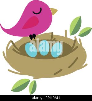 Vector illustration of tiny bird with eggs in a nest. Nature concept. Stock Vector