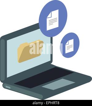 Vector illustration of computer with folders and files, isolated over white background. Stock Vector