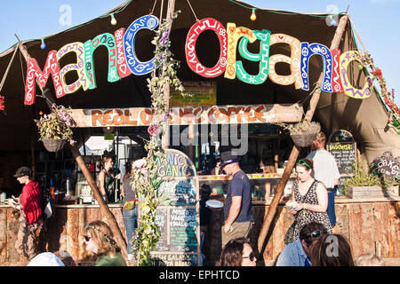 Organic food at this cafe at Glastonbury Festival/ 'Glasto' held on working farm, Worthy Farm, near village of Pilton. Glastonbu Stock Photo