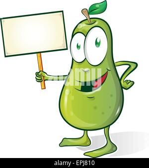 pear cartoon isolated on white background with signboard Stock Vector