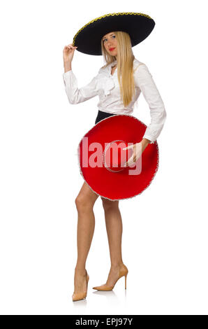 Woman wearing sombrero isolated on white Stock Photo