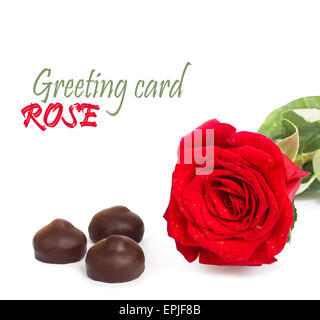 Red rose with green leaves and chocolate isolated on white background ...