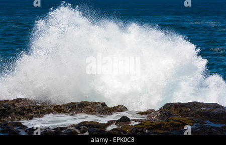 Raging sea flows over lave rocks on shore line Stock Photo