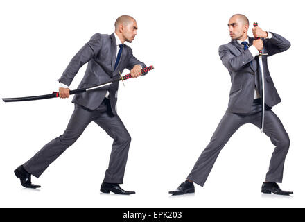 Two men figthing with the sword isolated on white Stock Photo