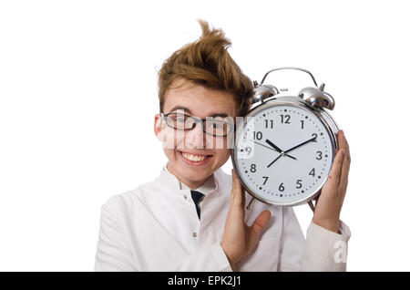 Funny doctor with alarm clock isolated on white Stock Photo