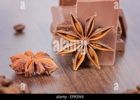 Milk chocolate, coffee beans and anise Stock Photo