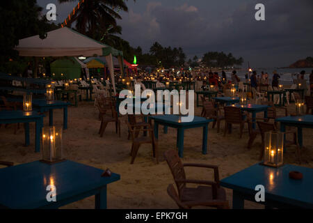 Candles on tables of beach bar, Mirissa, Sri Lanka, Asia Stock Photo