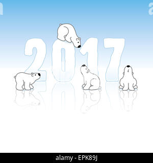 Four Cute Polar Bears and New Year 2017 with Reflections on an Ice Blue Cold Background Stock Photo