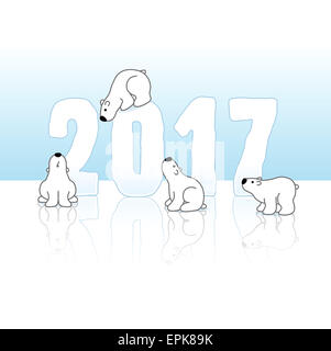 Four Cute Polar Bears and New Year 2017 with Reflections on an Ice Blue Cold Background Stock Photo