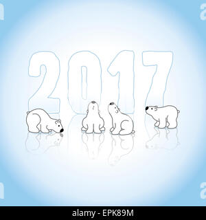 Four Cute Polar Bears and New Year 2017 with Reflections on an Ice Blue Cold Background Stock Photo