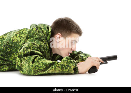 young military man with gun, isolated on white Stock Photo