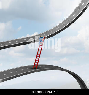 Career move business concept as a businessman climbing a ladder of success away from a road going down to a path rising up as a Stock Photo