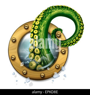 Sea Monster concept as a scary green tentacle creature arm breaking through the glass of a ship porthole window as a fantasy concept for travel insurance danger and unforseen risk during a cruise journey. Stock Photo