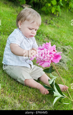 Baby boy with pink peony Stock Photo
