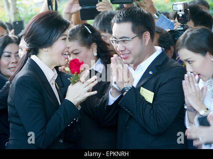 Bangkok, Thailand. 19th May, 2015. Former prime minister Yingluck Shinawatra arrived at the Supreme Court on Tuesday morning for the opening hearing of the dereliction-of-duty case regarding her government’s rice-pledging scheme.   On Monday, Surasak Trirattrakul, inquiry director of the Office of the Attorney General, said the Supreme Court’s Criminal Division for Holders of Political Positions ordered Ms Yingluck to appear at 9.30am to hear the charges and enter her plea. She was expected to plead not guilty before the court. Credit:  PixelPro/Alamy Live News Stock Photo