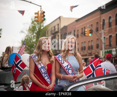 Miss Norway and Miss Norwegian Heritage wait ride in the 64th Annual 17th of May Parade in Bay Ridge, Brooklyn on May 17, 2015, celebrating Norway's Constitution Day. Bay Ridge, although ethnically diverse, is the home of many people of Scandinavian heritage. During the latter part of the nineteenth century and the early twentieth-century many Norwegian sailors settled in Bay Ridge. (© Richard B. Levine) Stock Photo