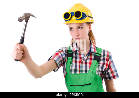 Female handyman in overalls isolated on white Stock Photo