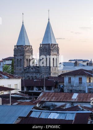 Vertical photo of the towers of the Roman St. Joseph's Catholic Cathedral in Stone Town, Zanzibar, Tanzania, Africa, at sunset. Stock Photo