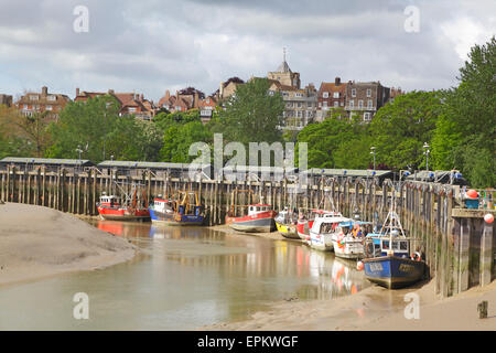 Picturesque view over the fishing boats moored on the river Rother at Rye, East Sussex, England, UK Stock Photo