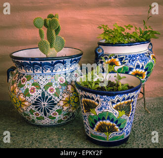 Colourful Mexican Talavera planters in an outdoor patio display Stock Photo