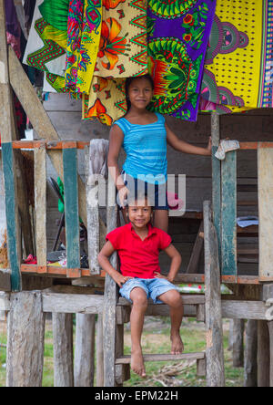 Panama, Darien Province, Puerta Lara, Wounaan Tribe Children Dressed In Western Clothes Stock Photo