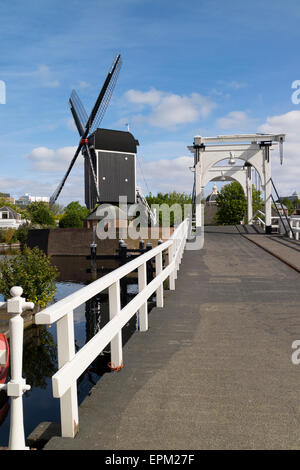 Windmill  'de Put' and the Rembrandt bridge in Leiden, Netherlands Stock Photo