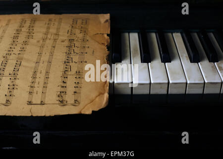 Keyboard of the piano and old notes Stock Photo