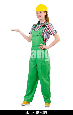 Female handyman in overalls isolated on white Stock Photo