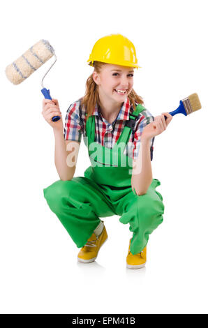 Female foreman with paint brush isolated on white Stock Photo