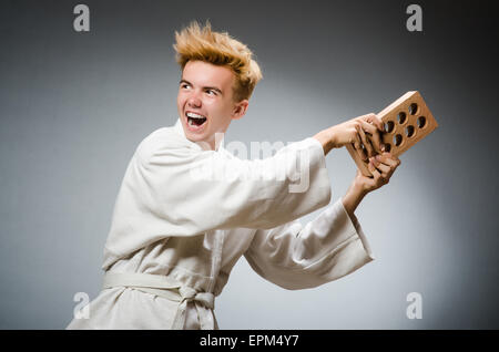 Funny karate fighter with clay brick Stock Photo