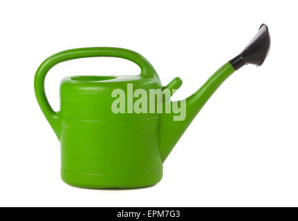 Green plastic watering can isolated Stock Photo