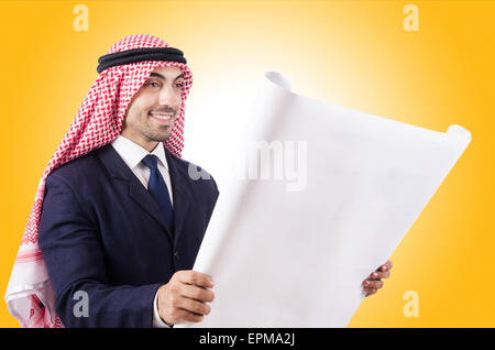 Arab engineer with drawings on white Stock Photo