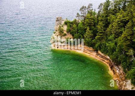 Miners Castle seastack on the shores of Lake Superior in Pictured Rocks National Lakeshore in Munising, Michigan. Stock Photo