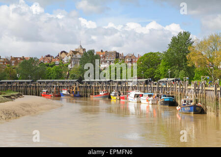 View of fishing boats moored alongside Rye, East Sussex, England, Britain, UK Stock Photo