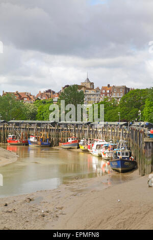 View of Rye across the fishing boats moored on the River Rother, East Sussex, England, UK Stock Photo