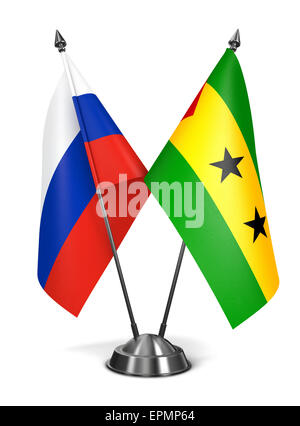 Russia, Sao Tome and Principe - Miniature Flags Isolated on White Background. Stock Photo