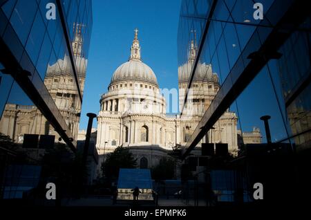 St Paul's Cathedral at Sunrise Reflected in One New Change, The City, London, England, UK