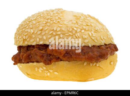A sesame seed roll sloppy joe sandwich isolated on a white background. Stock Photo