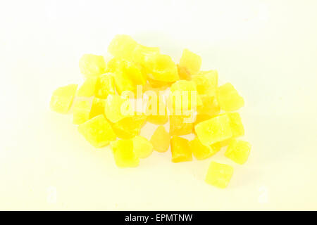 Diced yellow, dry pineapple, isolated on white background Stock Photo