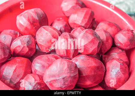 Skinned, raw, purple beetroots, in a red plastic bowl. Stock Photo