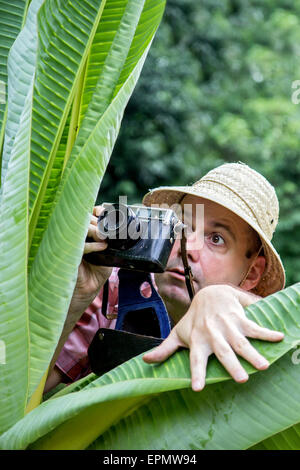 hidden tourist photographing in nature Stock Photo