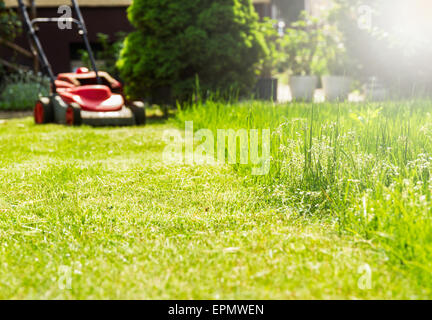 Lawn mowing in sunshine. Stock Photo